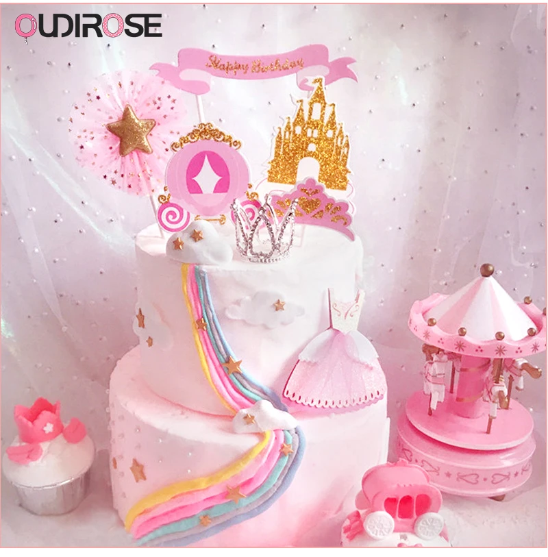 Флэш-золотой розовый бумажный Топпер для торта «С Днем Рождения» замок любви Торт Топ флаг украшение мальчик/девочка День рождения Свадьба принадлежности