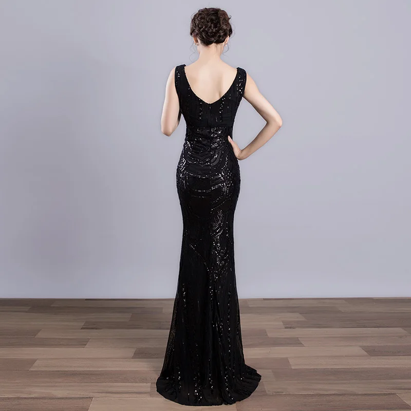 DongCMY WT01568 сексуальное платье с цветочным принтом, вечернее платье черного цвета Цвет женское с v-образным вырезом Вечерние платья-русалки