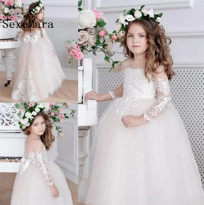 New Flower Girls Dresses For Wedding Long Sleeves Illusion Neck Lace Applique Little Kids First Communion Dress Pageant Gown New Flower Girls Dresses For Wedding Long Sleeves Illusion Neck Lace Applique Little Kids First Communion Dress Pageant Gown