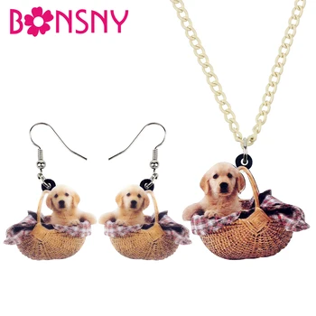 

Bonsny Acrylic Jewelry Set Cute Golden retriever Dog Necklace Earrings Collar Novelty Pendant For Women Girls Decoration NE+EA