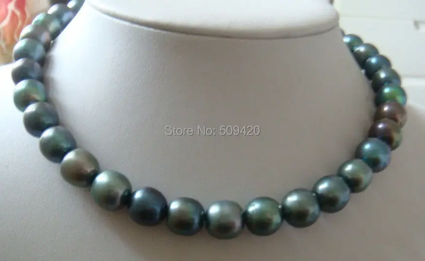 

Free Shipping natural 10-12mm tahitian peacock green pearl necklace 18inch