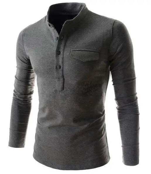 Повседневная мужская футболка с длинным рукавом, футболки Хэнли, приталенная одежда с карманом, хлопок, воротник-стойка, футболки, джемпер - Цвет: Темно-серый