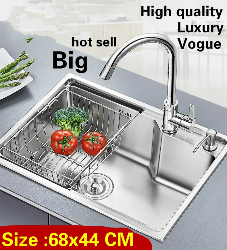 

Free shipping Apartment vogue large luxury kitchen single trough sink wash vegetables 304 stainless steel 680x440 MM