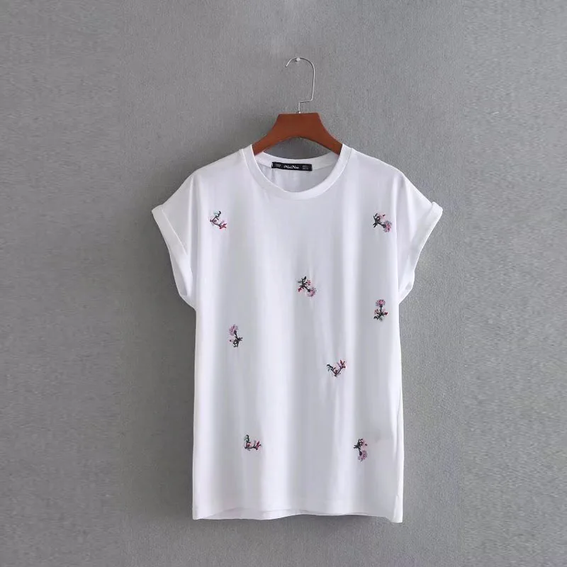 TX1915 Fresh white color cute tiny floral embroidery short t shirt ...