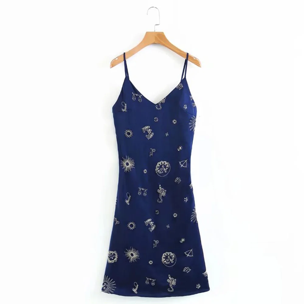 

ANSFX Sexy Sun Constellation Print Deep V-Neck Imitation Satin Package Hip Spaghetti Straps Backless Beach Mini Dress Vestidos