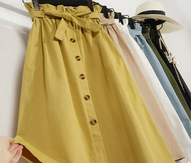Лето-осень, женские юбки, миди до колена, Корейская элегантная юбка на пуговицах с высокой талией, Женская плиссированная школьная юбка с поясом