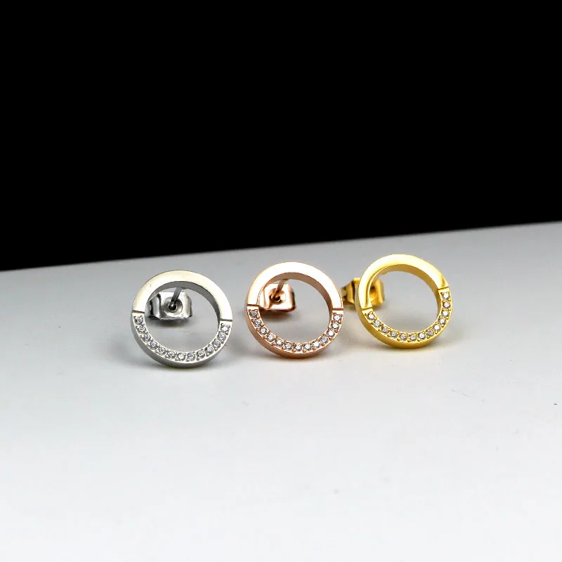 

Free Shipping Half Circle Rhinestone CZ Rose Gold Color / Gold Colour / Silver Color Stainless Steel Stud Earrings