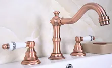 Antique Red Copper Widespread Bathroom Basin Faucet Dual Handle 3 Holes Basin Mixer Sink Taps Deck Mounted zrg061 led light changing color waterfall basin faucet deck mounted mixer taps brushed nickel dual handle three holes