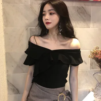 

Women's Summer Top Slash Neck Ruffle Tee Shirt Female Slim Fit Elegant Tops Clothing