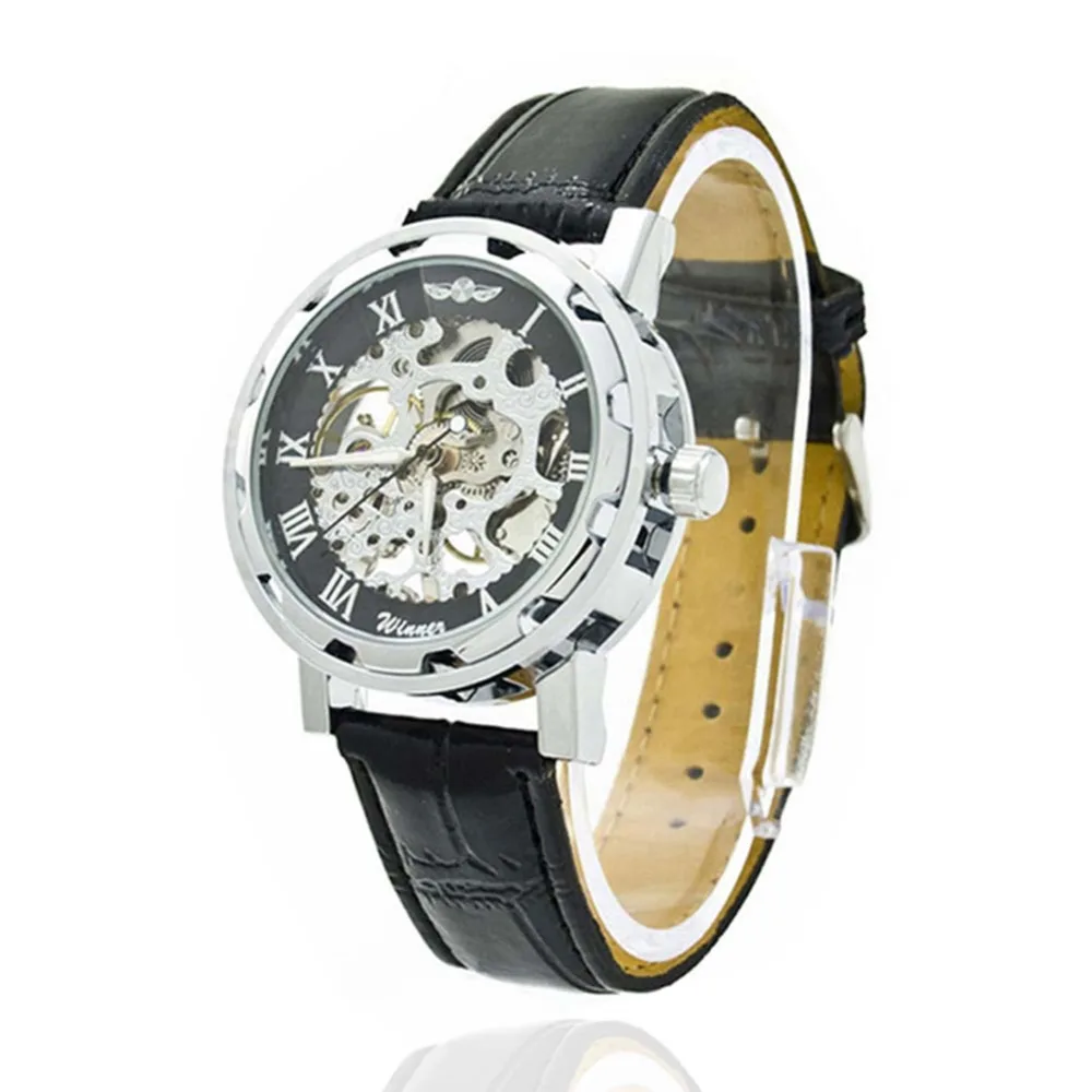 Men Watches Skeleton Mechanical Stainless Steel Case PU Leather Classic