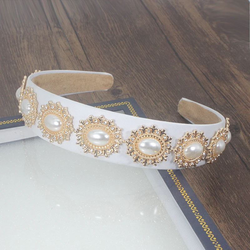 

White Women Wedding Crown Hair Accessories Bridal Tiara Luxury Vintage Sun Pearl Flower Headbands Crystal Hairband