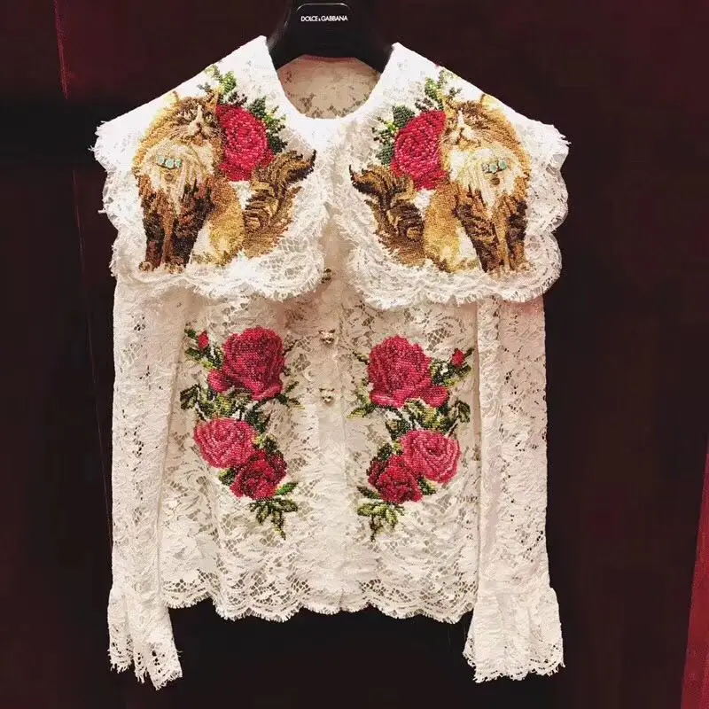 

Autumn Runway Designer Womens Tops And Blouses 2019 Spring Autumn Women Elegant White Floral Embroidery Buttons Lace Blouse