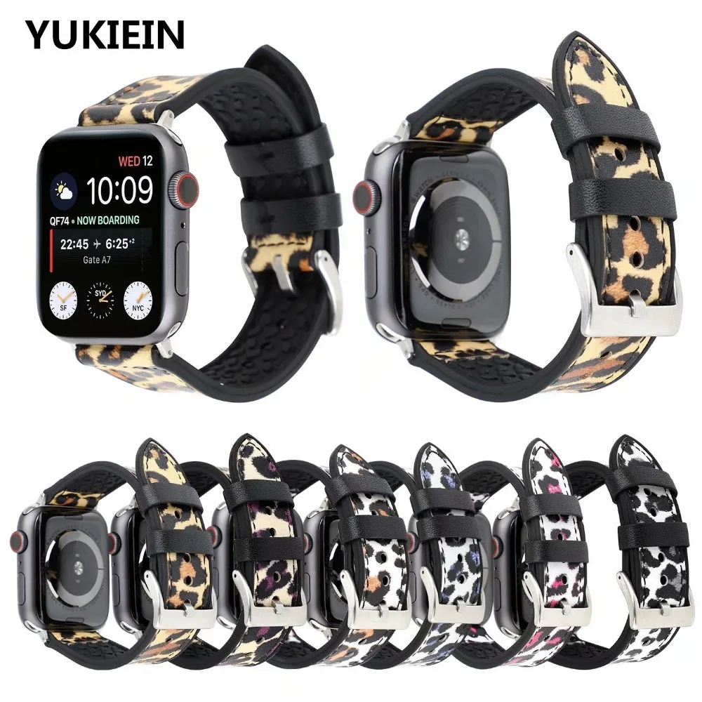 

YUKIRIN Leopard Print Leather Band for Apple Watch Series 4 3 2 1 Strap for iWatch 38 42mm 40 44mm Replacement Wriststrap