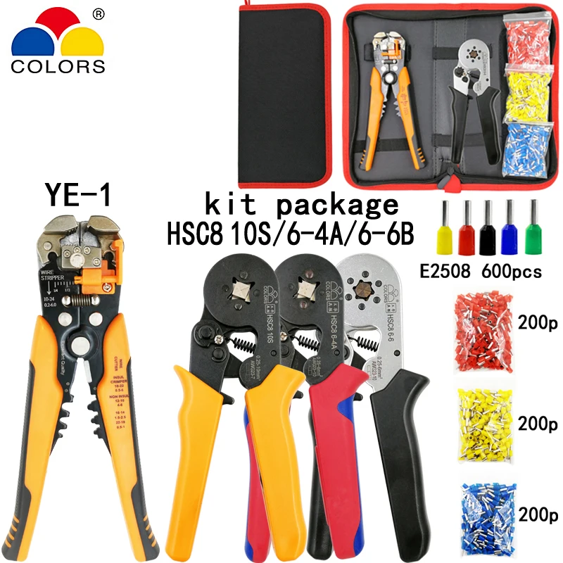 

Kit crimping tool HSC8 10S/6-4/6-6 pliers Y1 stripping cutting plier 600pcs E2508 tube terminal suit brand electric tools set