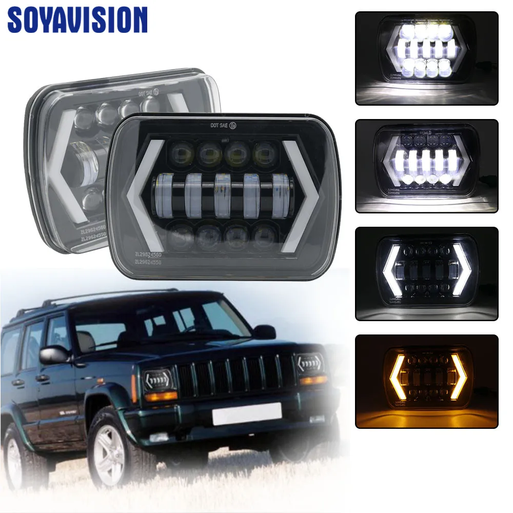 2PCS 55W 7x6'' 5X7&quot LED Headlight Halo DRL For 86-95 Jeep Wrangler YJ 84-01 Cherokee XJ Angel Eyes H4 Square Headlights |