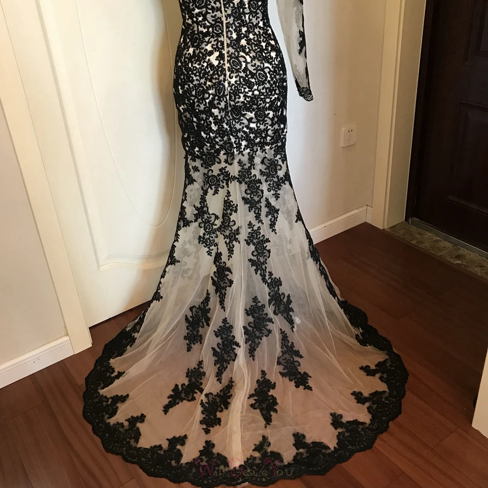 Вечернее платье на одно плечо из тюля с аппликацией, черное платье-Русалка с длинным рукавом и глубоким вырезом, сексуальное платье для выпускного вечера с разрезом спереди