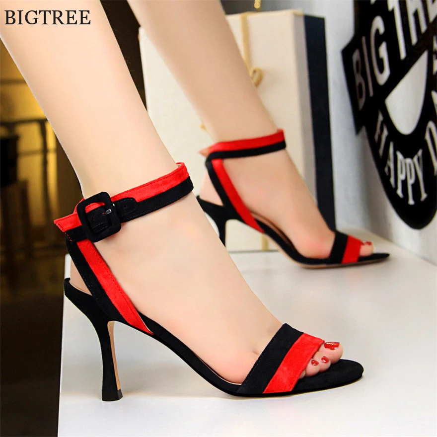 

New Arrival Thin Heels Mixed Colors Flock Women's Sandals Open Toe Concise Belt Buckle High Heels Shoes Sexy Party Sandals Women
