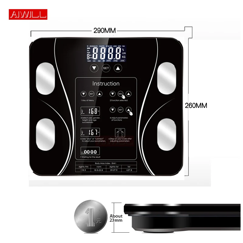 AIWILL весы для ванной со светодиодным экраном для тела, электронные весы, весы для анализа композиции тела, весы для здоровья, умный дом