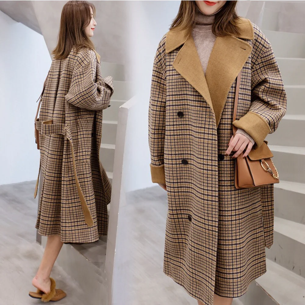 2018 Plaid Coat Female Autumn Winter Thick Long Coat Loose Women Trench