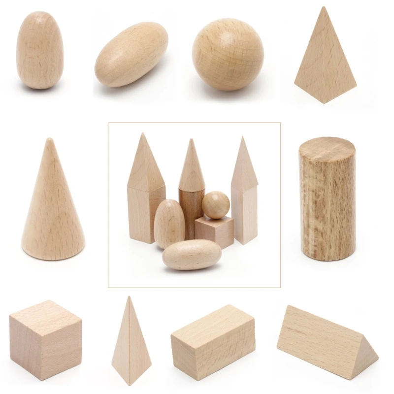 

HBB 10 Different Wooden Geometric Solids 3-D Shapes Montessori Learning Resources for School Home