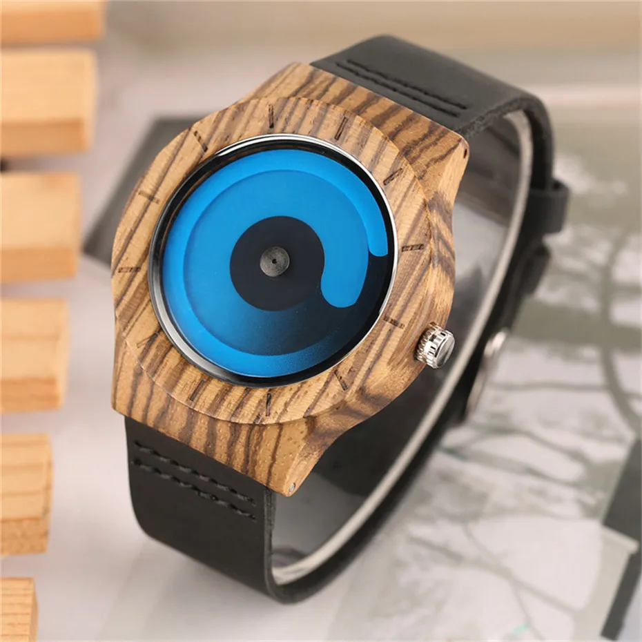 Creative Gradual Color Turntable Handmade Genuine Leather Band Strap Nature Wood Swirl Dial Quartz Wrist Watch Male Sports Clock (9)