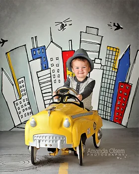 

White Wall Cartoon Big City Backdrops for Photography 5x7ft Digital Printed Photo Studio Background Newborn Kids Birthday Props