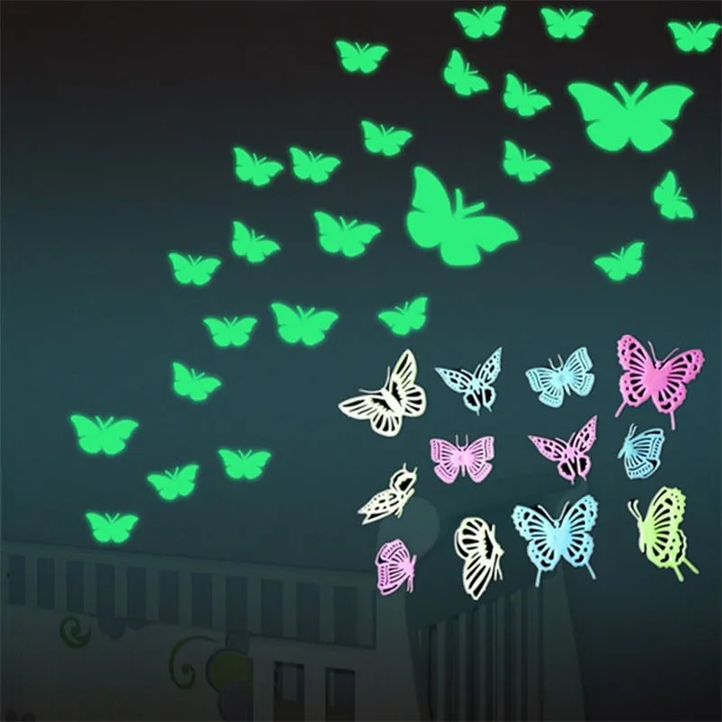 New Multicolor 12 Pcs Glow in the Dark Butterfly sticker Fluorescent