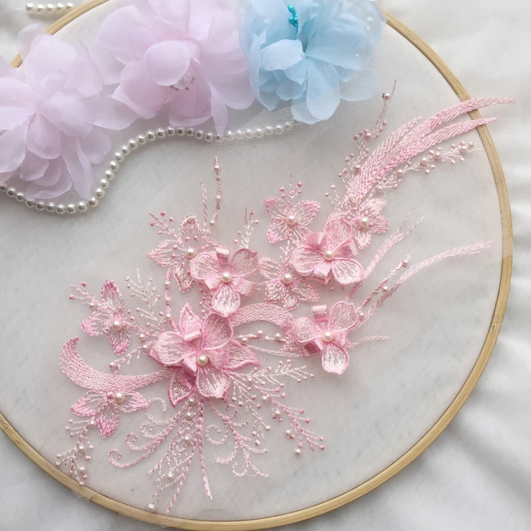 

10colors 3D Beaded Embroidered Lace Wedding Patch Wedding Dress Lace Applique DIY Handmade Voiel Decor Flower 2PIECE