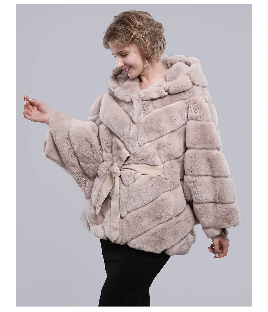Зима, настоящий мех кролика, пальто, женская шаль из натурального меха, Женское пальто с рукавом летучая мышь, Женское пальто, меховая куртка с капюшоном и поясом