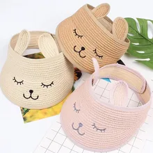 

Animals face Smile face embroidery straw summer hat kids big wide brim empty top visor cap girls boys cute fashion Beach folding