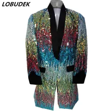 Мужские длинные Красочные Блестки костюмы куртки Формальные выпускного вечера блейзеры для сцены Мужской хост для выступления певца одежда крутые сценические костюмы