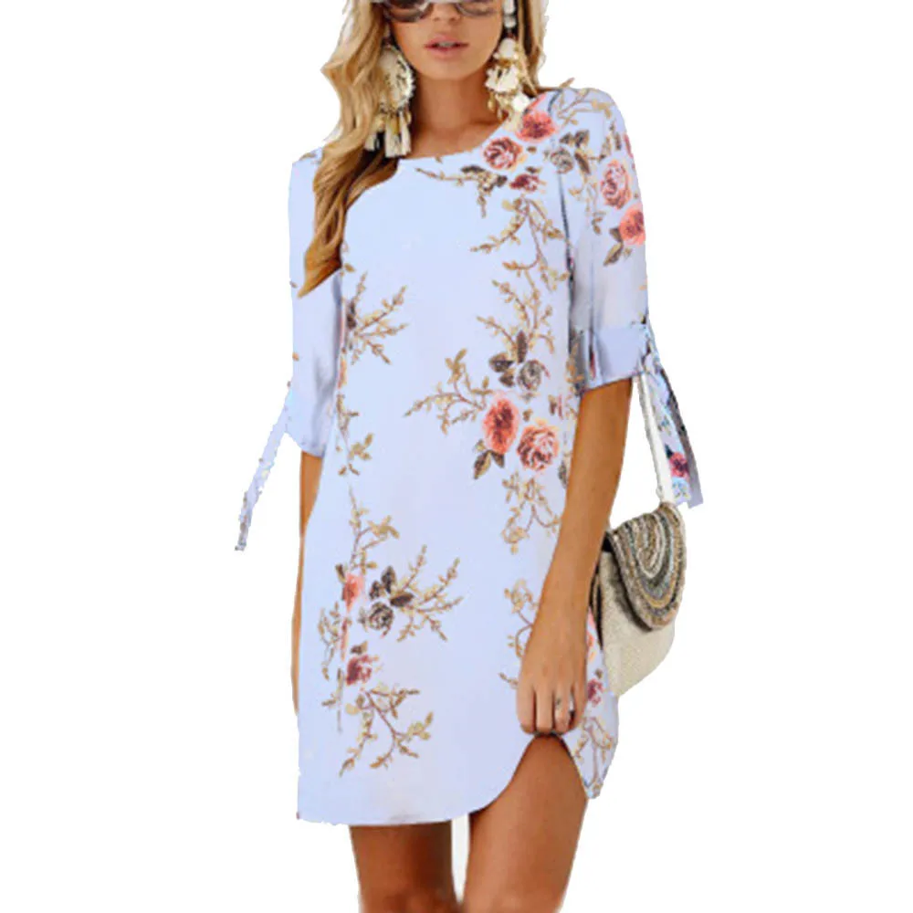 

Daddy Chen Women Boho Dress Summer Flower Print Dress Autumn Long Sleeve Casual O Neck Three Quarter Sleeves Chiffon Vestidos