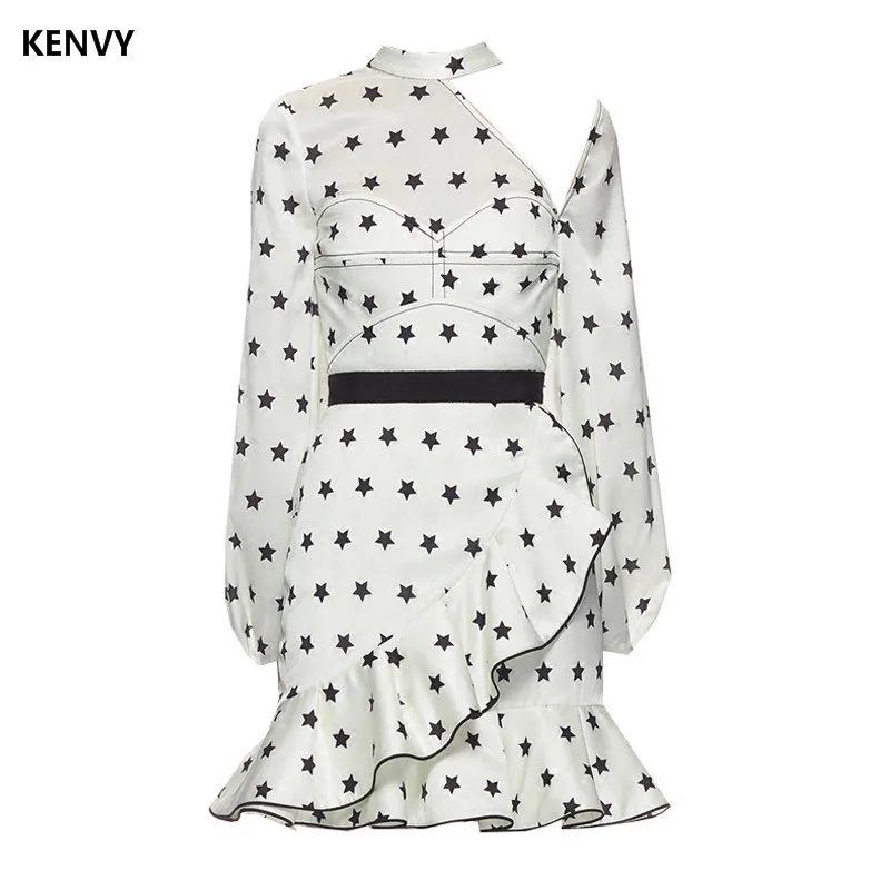 

KENVY Brand Fashion Women High-end Spring Sexy Luxury White Star Print Slim Frill Dress