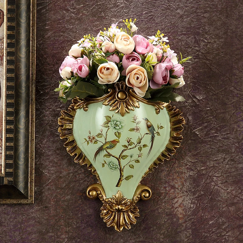 

American Wall Decorative Hanging Vase Resin Crafts European Livingroom Retro Fake Flower Receptacle Wall Mural Wedding Decor Art