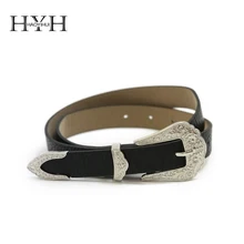 HYH HAOYIHUI 2017 Brand New Autumn Fashion Women Faux Leather Carving Metal Buckle Black PU Western Inspired Buckle Belt