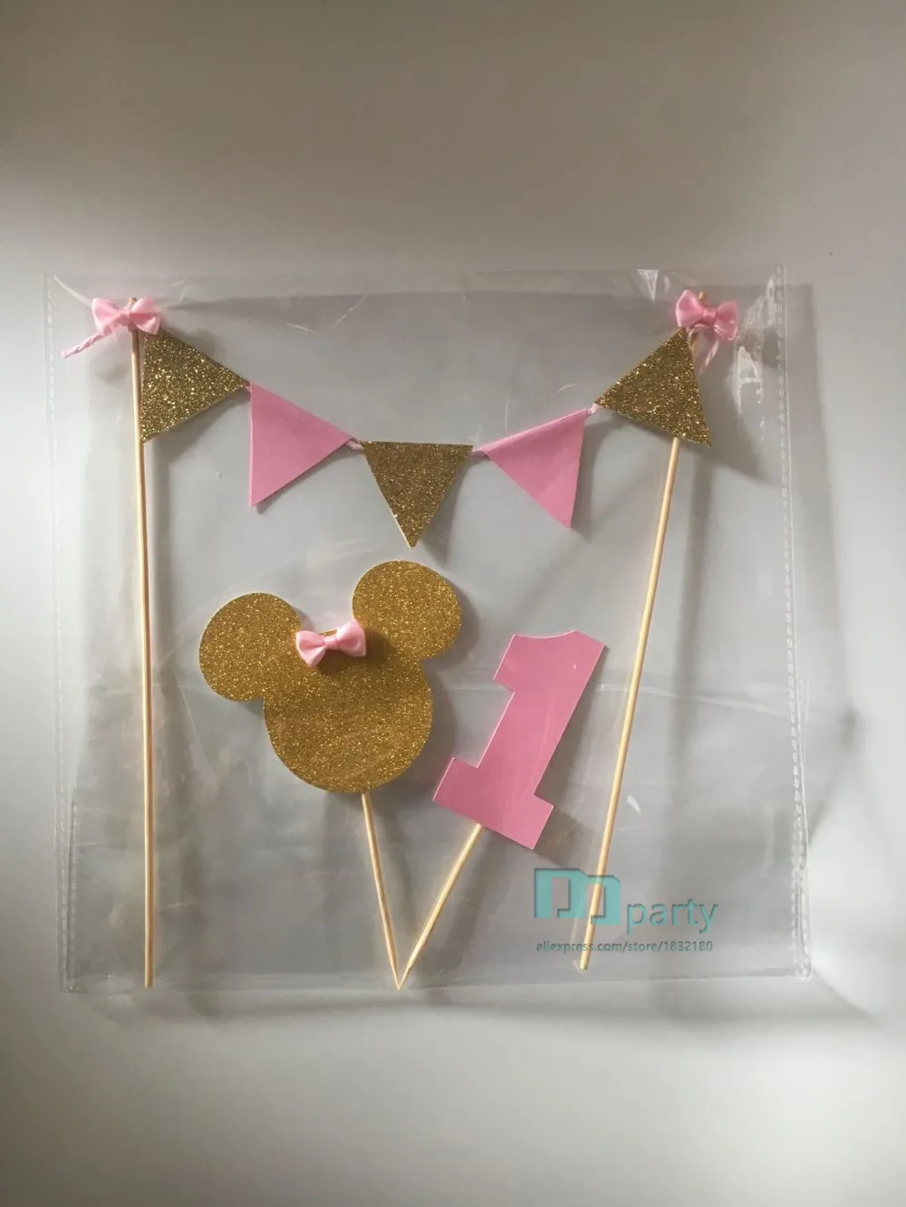 

1set Minnie Mouse Cake Banner Topper 1st birthday Pink and Gold Cake Topper one Birthday bunting- Glitter Gold and Pink