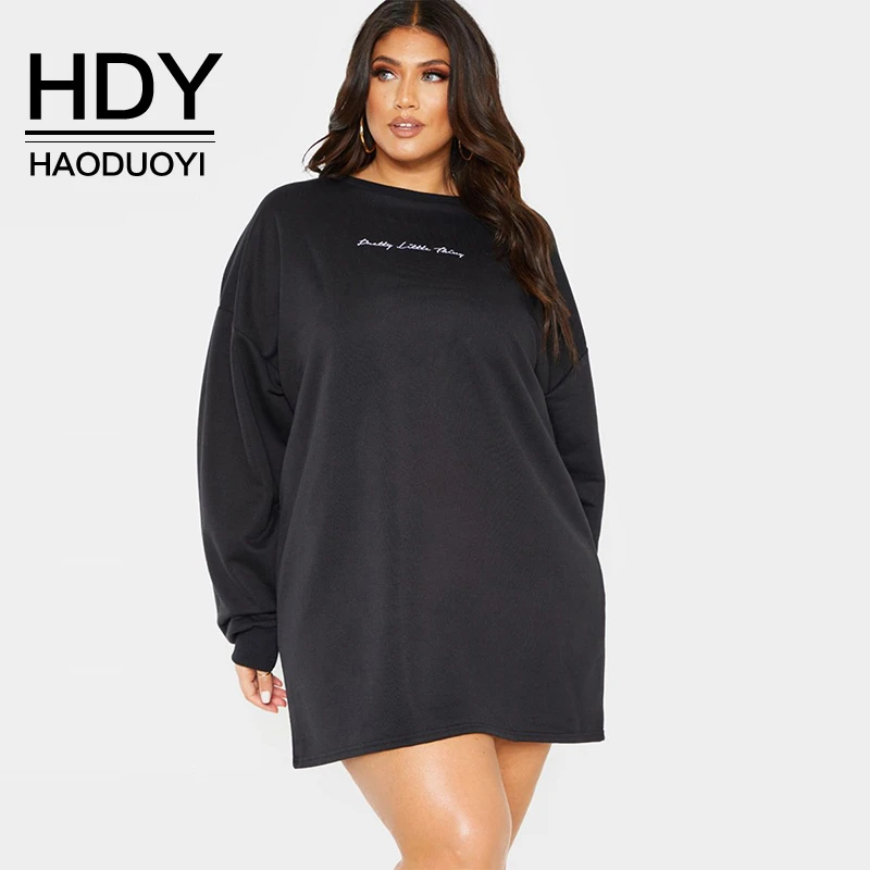 

HDY Haoduoyi Summer Fashion And Sexy Large Size Printed Letter Round Neck Pure Black Loose Casual Long-sleeved Short Dress