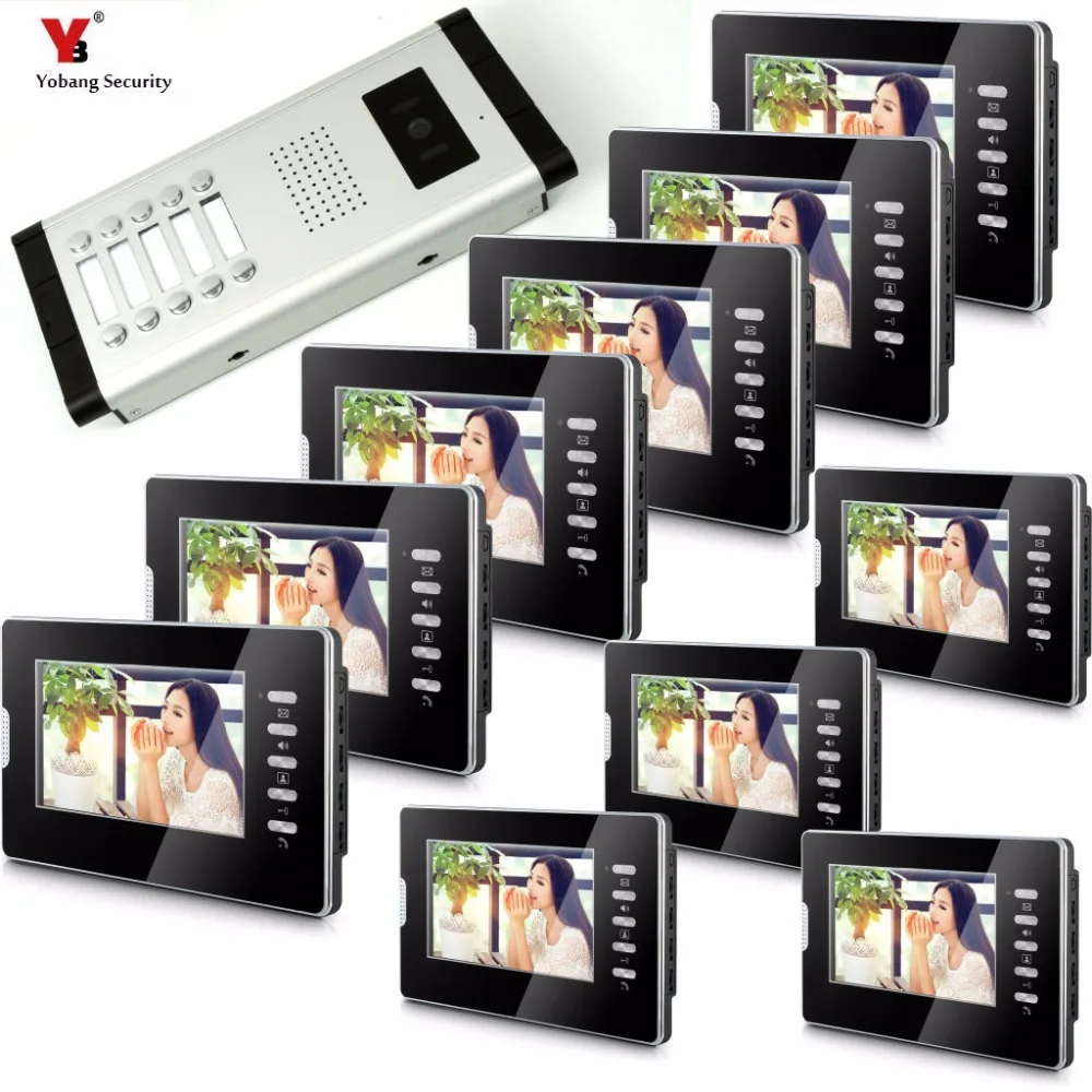 Yobang Security New Apartment 7\ Color Screen Video Intercom Door Phone System 10 Monitors + Doorbell Camera for 10 house Family