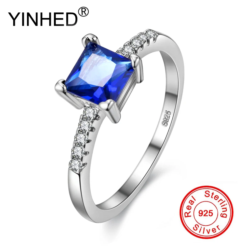 

YINHED Princess Dark Blue Cubic Zircon CZ Wedding Rings for Women Anel Real 925 Sterling Silver Ring Bridal Fine Jewelry ZR488