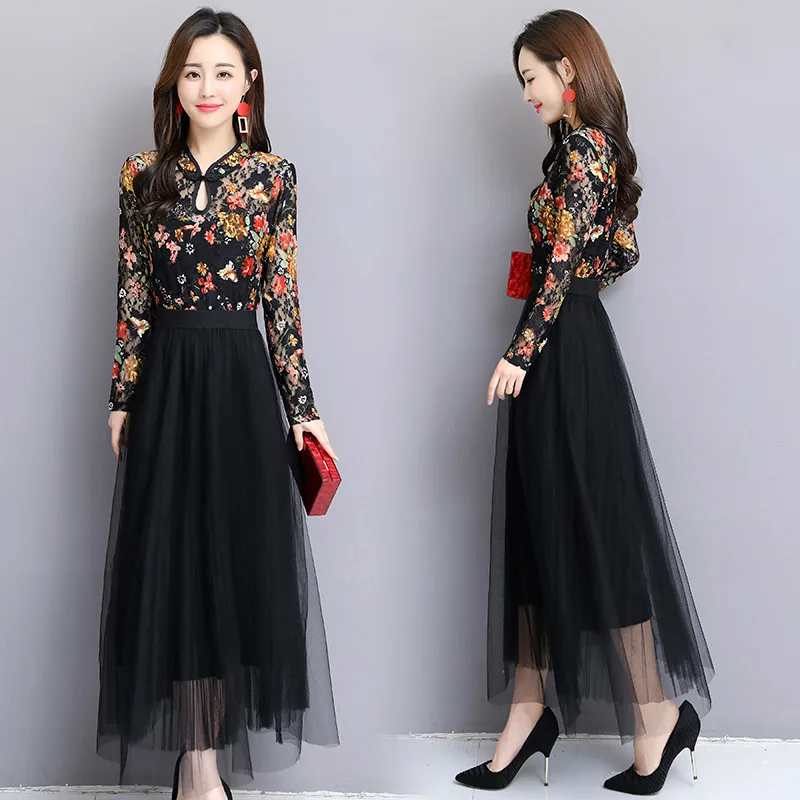 

2019spring new long-sleeved ethnic style improved lace print dress female large size high quality self-cultivation elegant dress