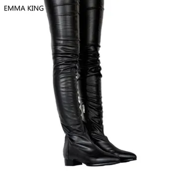 

New Black Leather Women Over The Knee Flats Boots Pointed Toe Winter Low Heels Pleated Shoes Woman Thigh High Motorcycle Boots