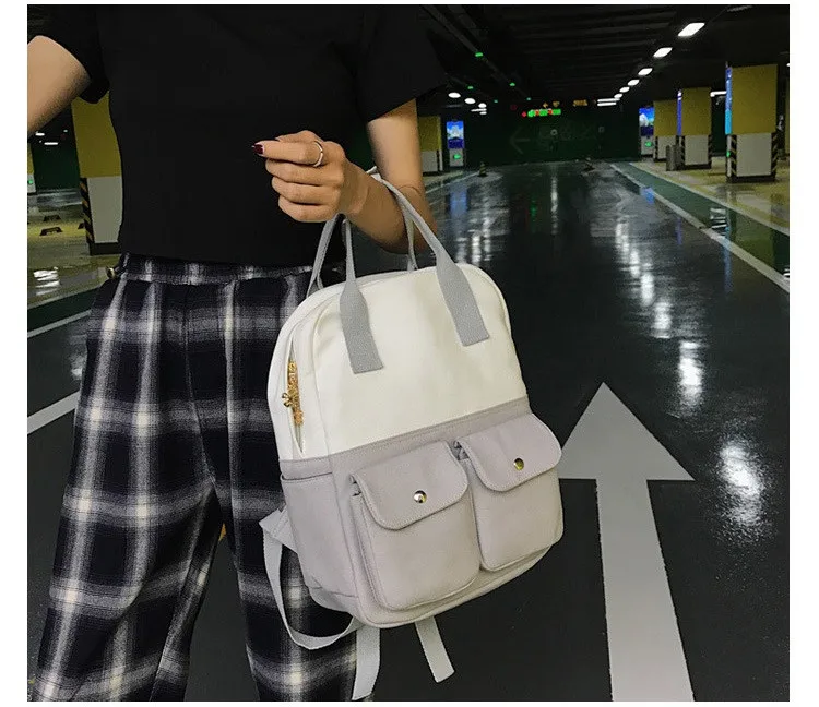 MJ Women Canvas Backpack Fashion Patchwork Canvas Travel Bag Female Large Capacity School Bag Backpack for Teenage Girls (12)