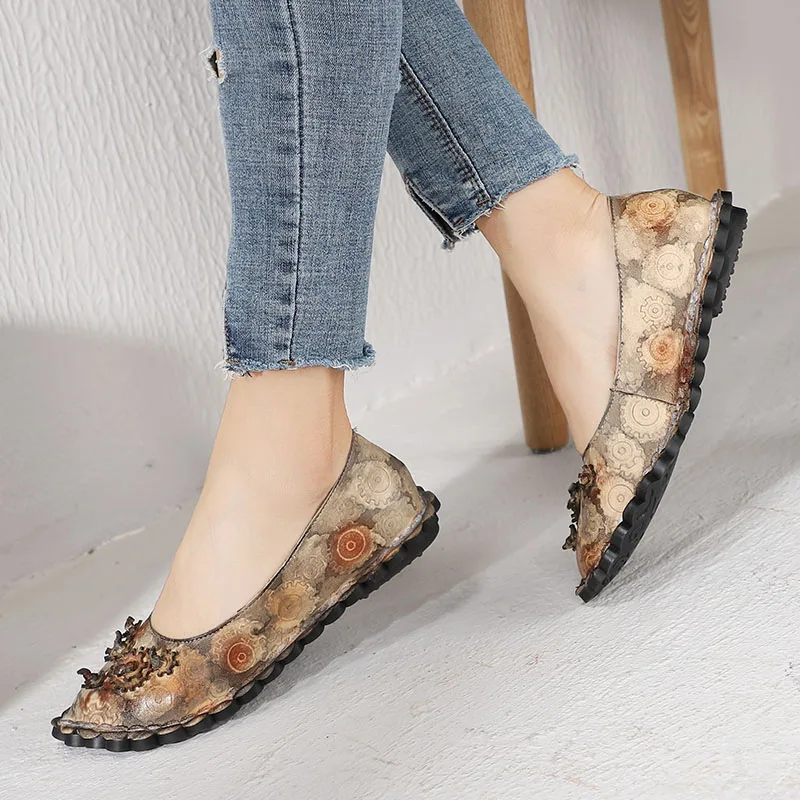 

2019 VALLU Woman Flats Shoes Flower Mixed Color Round Toes Vintage Handmade Natural Leather Lady Loafers Female Footwear Flats