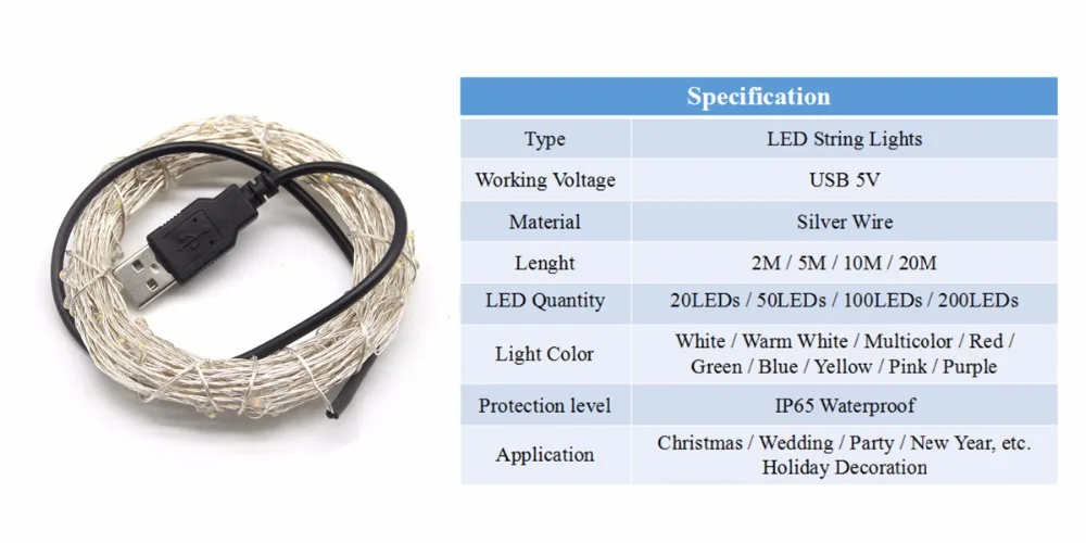 DC 5 в USB светодиодный светильник s 20 м 10 м 5 м 2 м Серебряный провод водонепроницаемый Сказочный светильник Гирлянда для дома Рождество Свадьба украшения