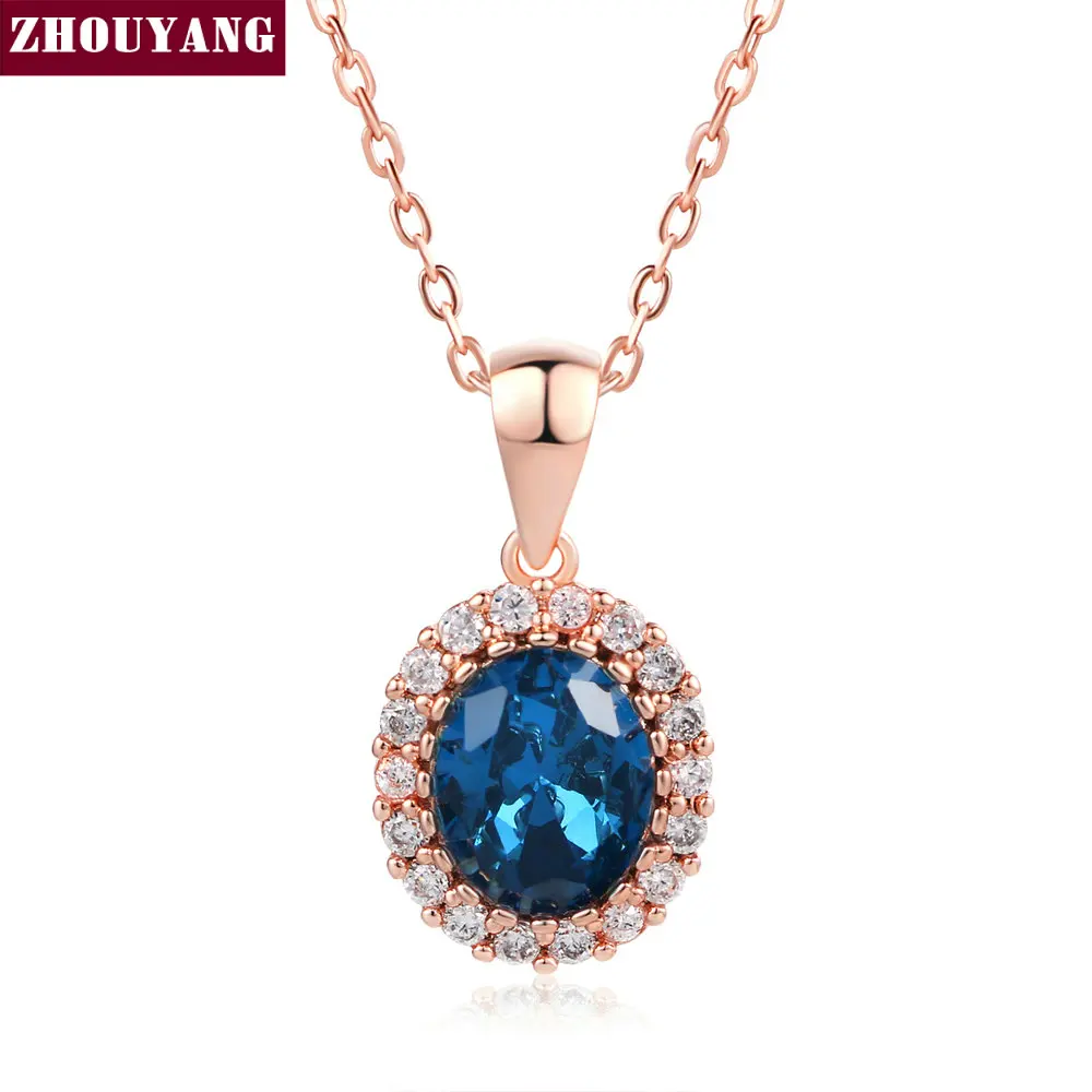 

ZHOUYANG Elegant Rose Gold Color Blue Crystal Pendant Necklace CZ For Women Wedding Party Top Quality ZYN288
