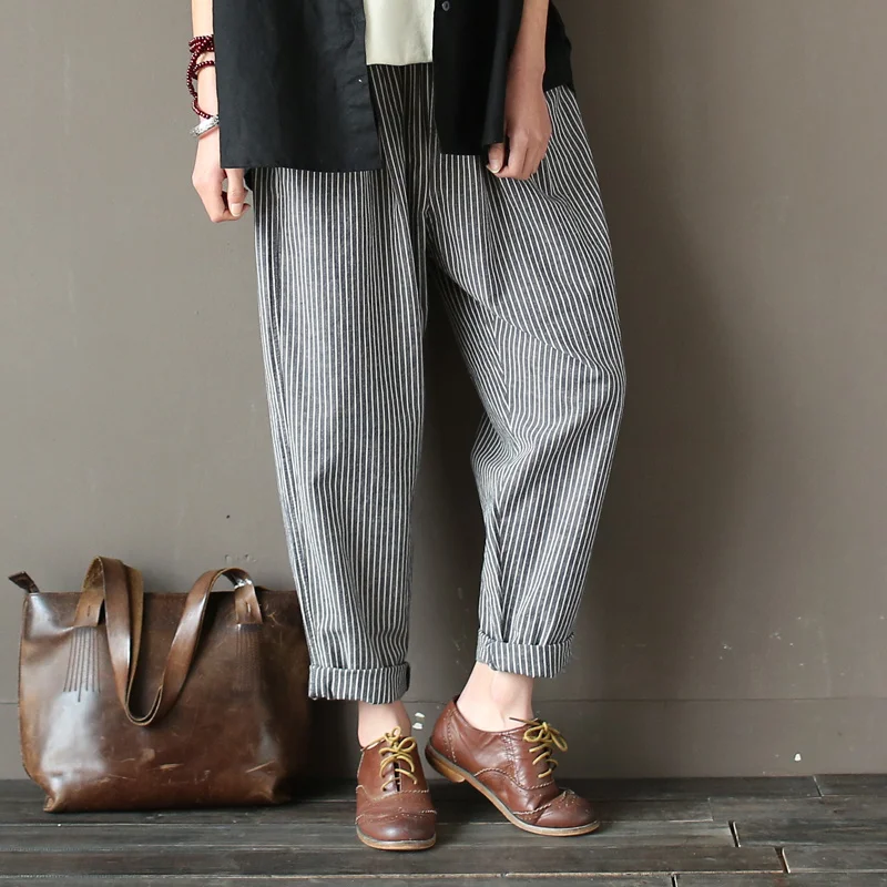 Johnature, женские весенние хлопковые льняные брюки с эластичной резинкой на талии, винтажные Свободные повседневные брюки с полосками - Цвет: gray striped