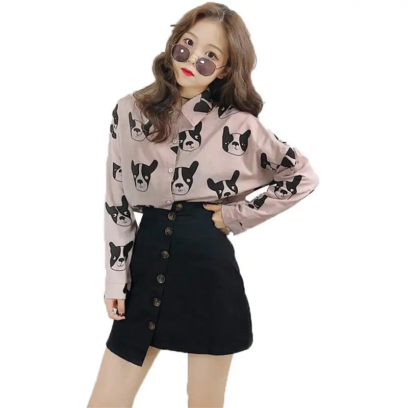 

Skirt Suit Women New Fashion Spring Autumn Puppy Printed Long Sleeve Blouse Shirt + Irregular Button Mini Skirt 2 Piece Sets J60
