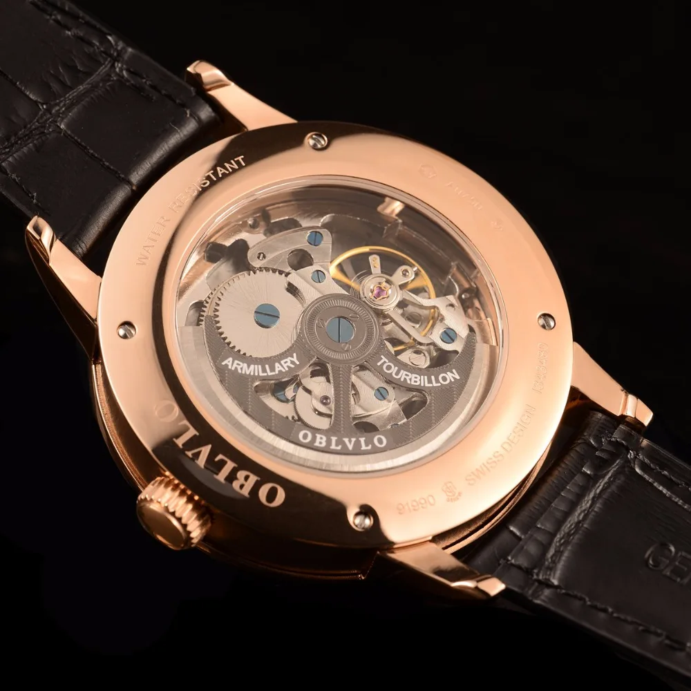 OBLVLO повседневные часы для мужчин s Скелет циферблат телячья кожа ремешок Розовое золото часы автоматические часы для мужчин Montre Homme VM 1