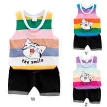 2Pcs/Set Summer Baby Boys Girls Casual Sleeveless Striped Cartoon Cat Print Vest T-shirt Tops+Shorts Costume Set 2Pcs/Set Summer Baby Boys Girls Casual Sleeveless Striped Cartoon Cat Print Vest T-shirt Tops+Shorts Costume Set