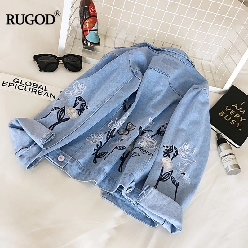 RUGOD 2018 Зима Новое поступление женские джинсовые куртки с вышивкой бабочки